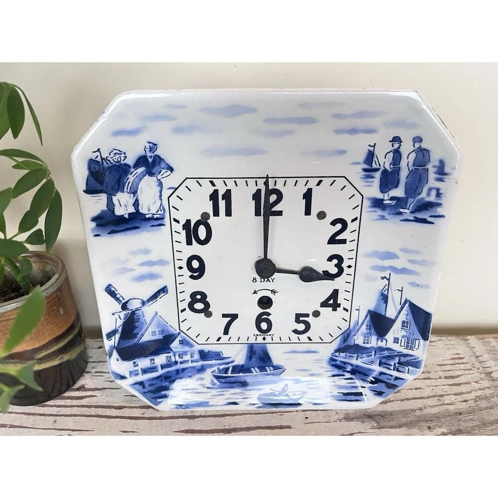 Antique 1920's German Blue Delft 10 Day RARE Wall Plate Clock No Key Untested